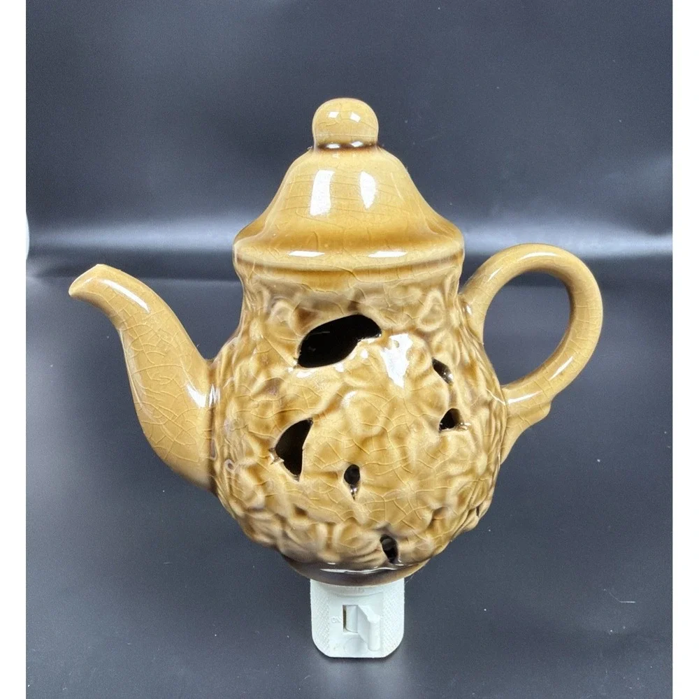 VTG Kitchen Night Light Porcelain Tea Pot Brown Floral Gold Trim Grandma Cottage